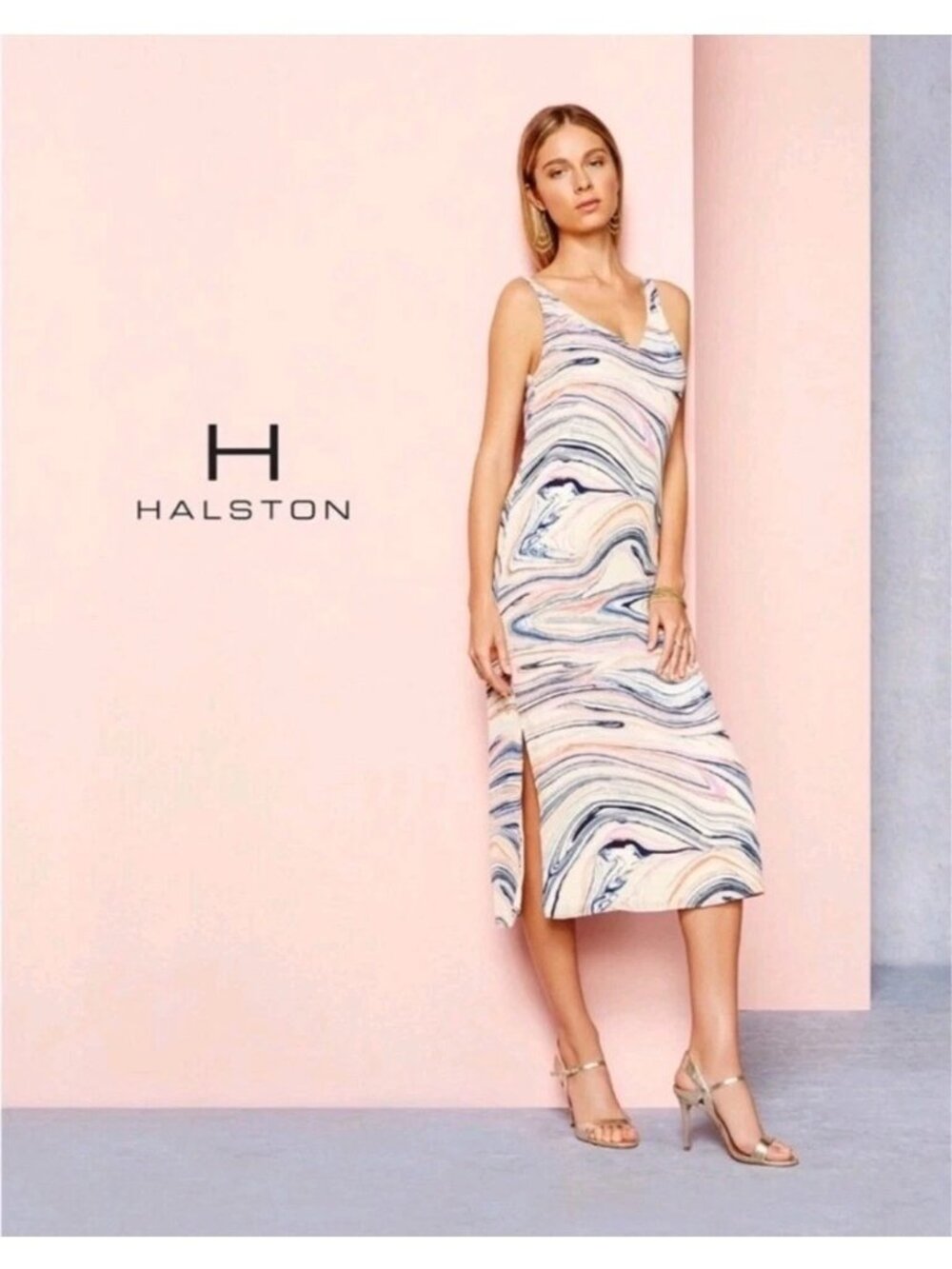 H by Halston Marble Print Midi Slip Dress Womens S Multicolor V-Neck Resort Chic